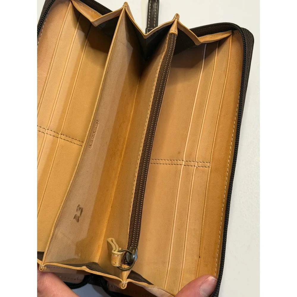 VTG Coach‎ Wallet Brown Signature Canvas Suede Trim Zip Around Accordion Clutch